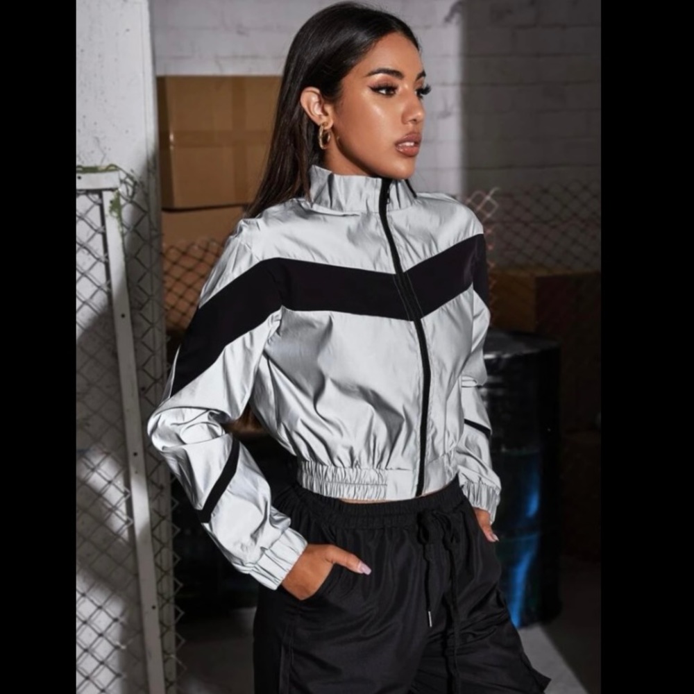 Zip up color block reflective jacket